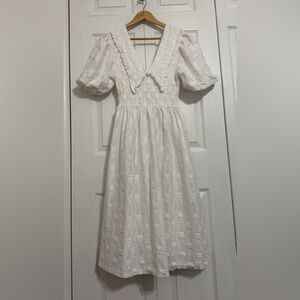 Zara Midi Dress Women White Puff Sleeve Cotton Vacay Preppy Retro Boho Sz Large